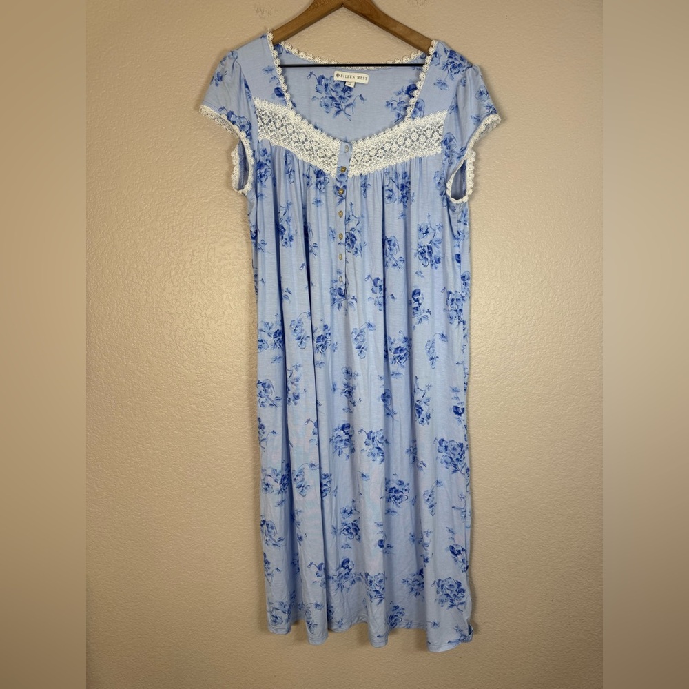 Eileen West Pretty Pansies Modal Knit Waltz Nightgown Heirloom Rose Blue Medium - Picture 4 of 12